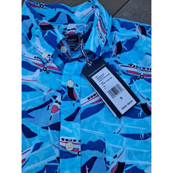 vineyard vines Shirt Mens Small S Blue Hawaiian All Over Print Plane Board NEW - Picture 2 of 2